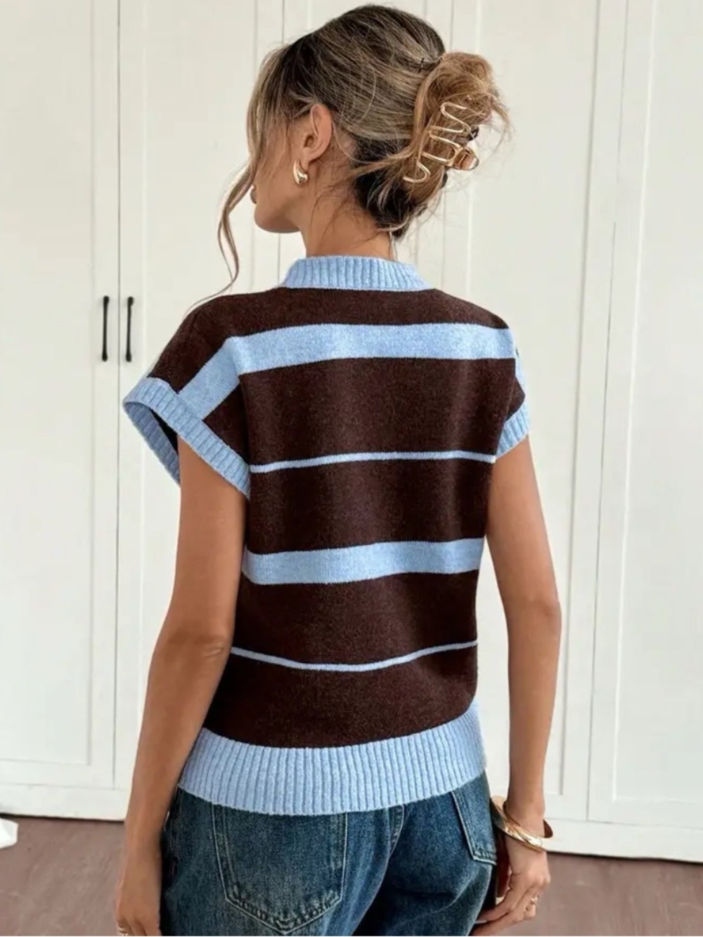 Striped Short-Sleeve Crewneck Sweater - Brown & Light Blue - Picture 4 of 7